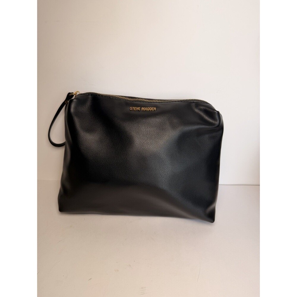 steve madden black pebbled faux leather wristlet clutch pouch gold hardware